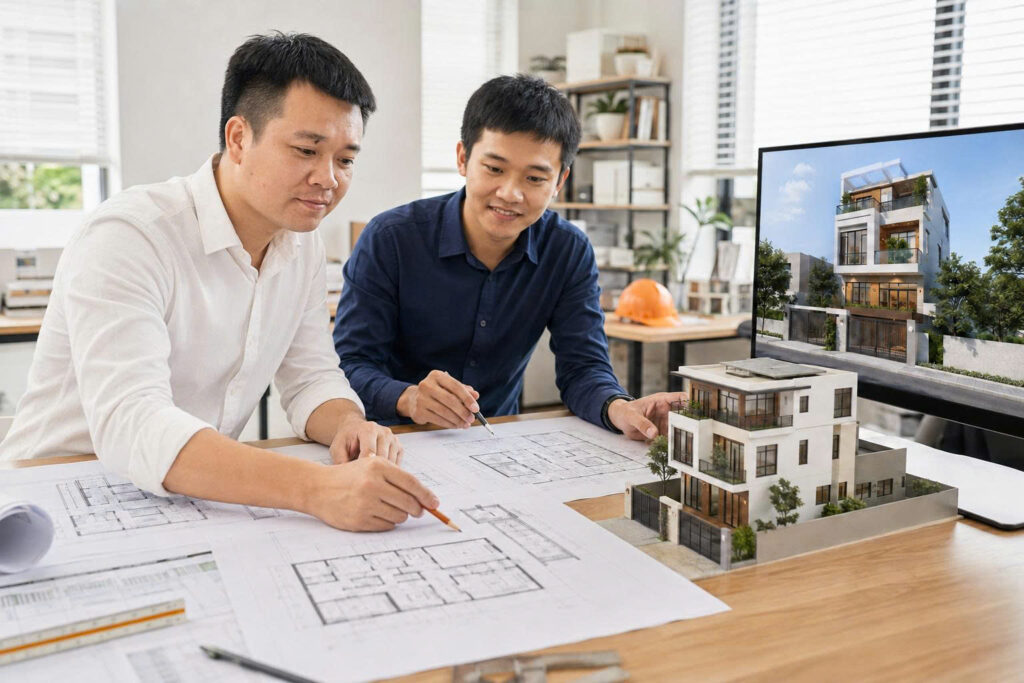 Giám đốc và kỹ sư trưởng Ngọc Linh trao đổi phương án thiết kế kiến trúc tại Thanh Hóa