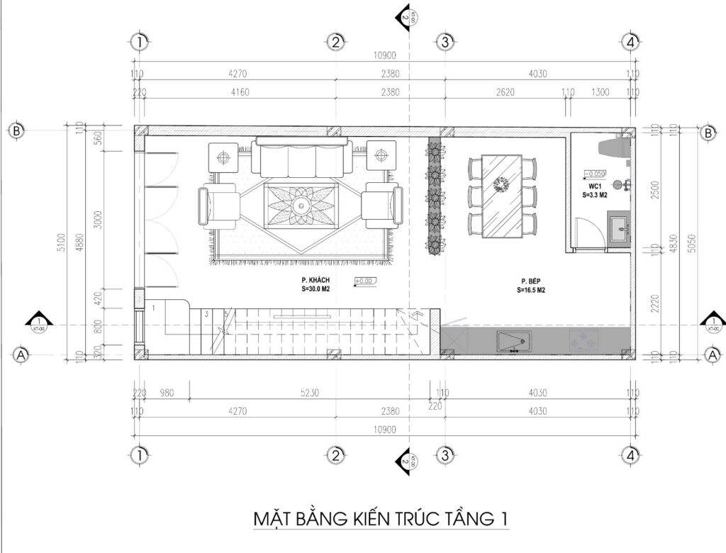 Mặt bằng tầng 1 nhà ống tại Phú Sơn do Xây Dựng Ngọc Linh thiết kế