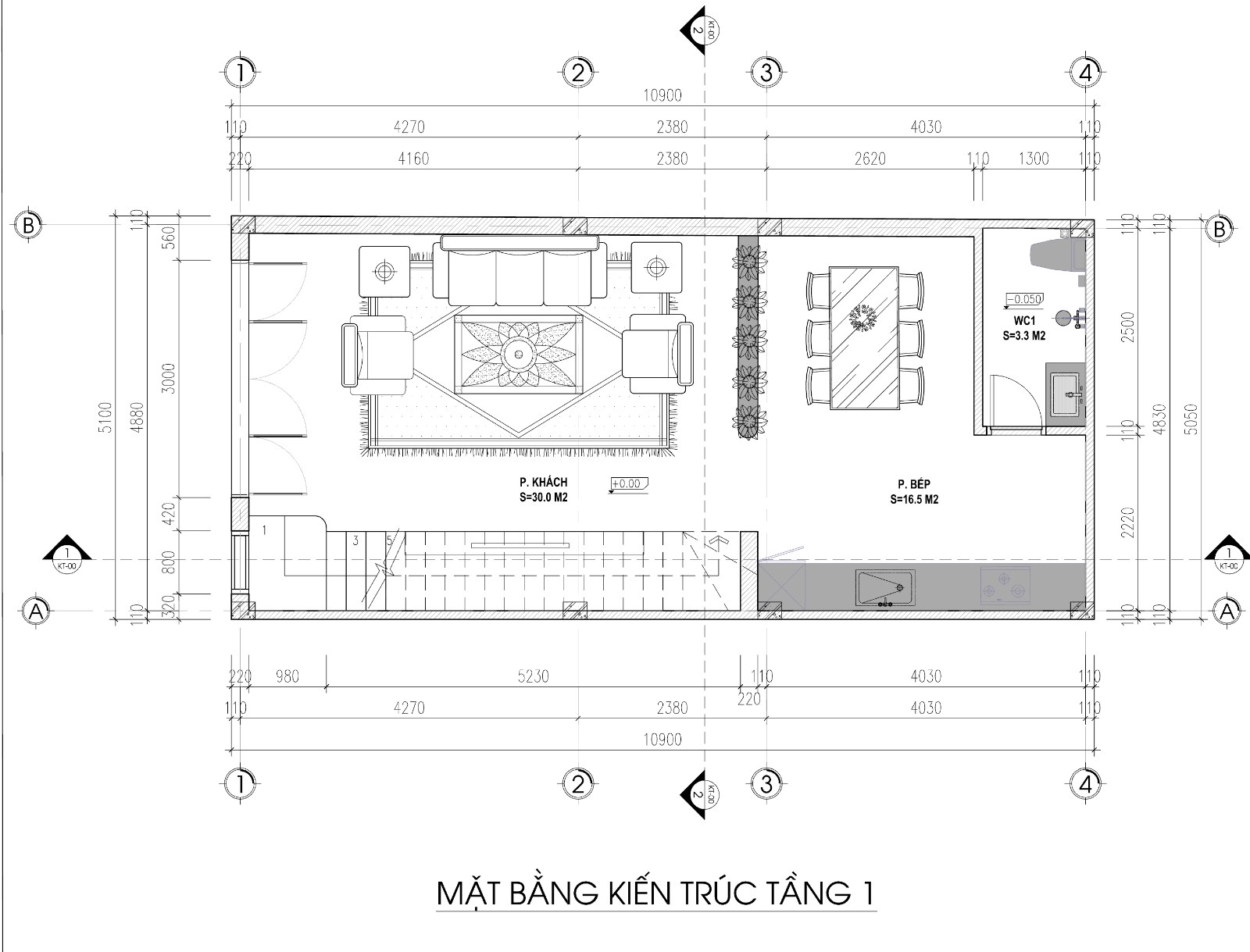 Mặt bằng tầng 1 nhà ống mặt tiền 5,1 m: phòng khách, bếp, WC, cầu thang