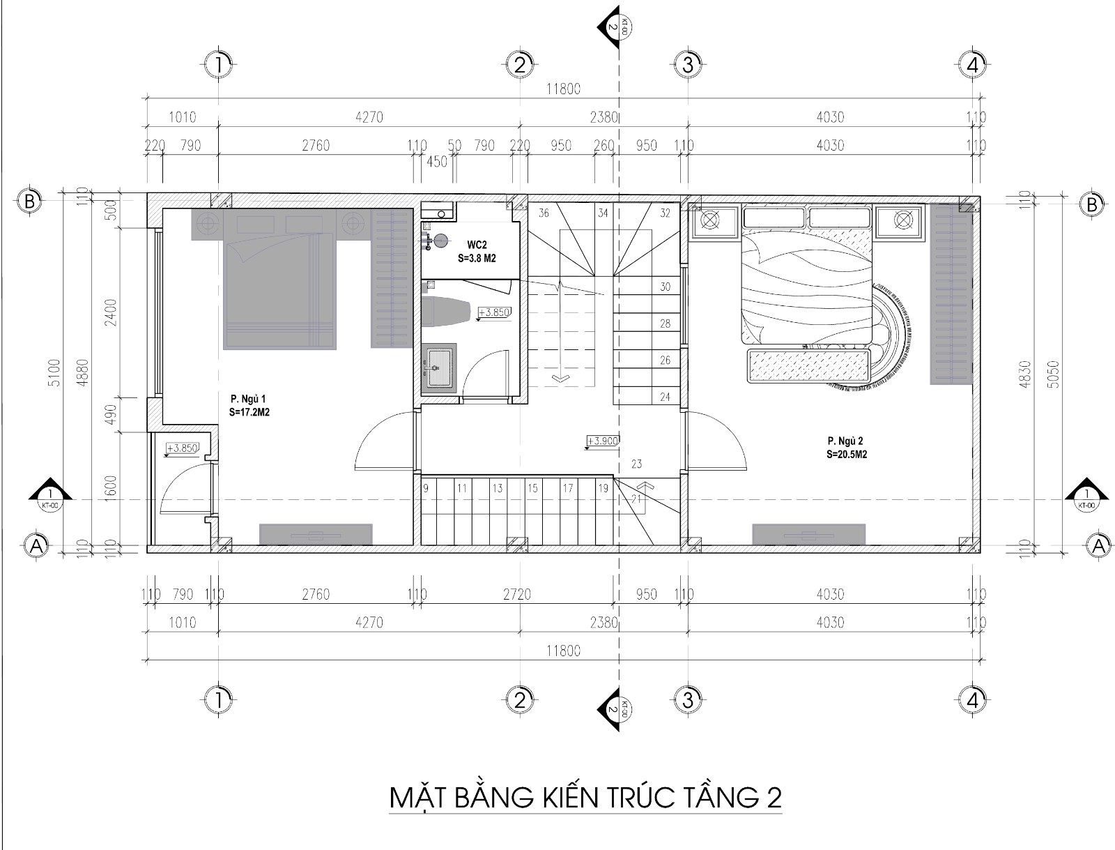 Mặt bằng tầng 2 nhà ống mặt tiền 5,1 m: 2 phòng ngủ, WC, cầu thang giữa
