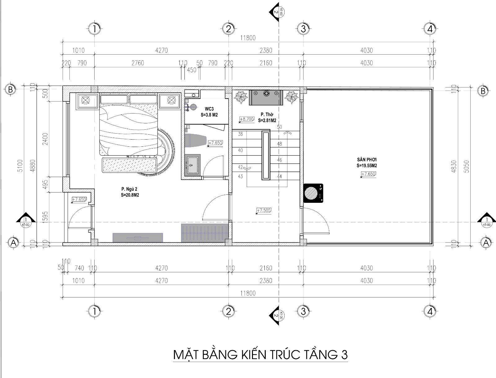 Mặt bằng tầng 3 nhà ống mặt tiền 5,1 m: phòng ngủ, phòng thờ, sân phơi