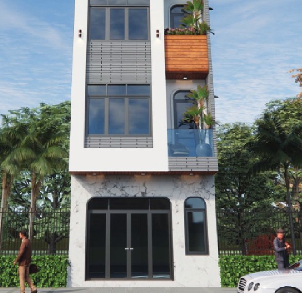 Mặt đứng nhà ở Phú Sơn với lam chắn nắng và ban công kính