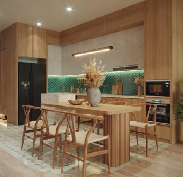 Bếp ăn gỗ sáng màu nhà ở Thanh Trì, Hà Nội